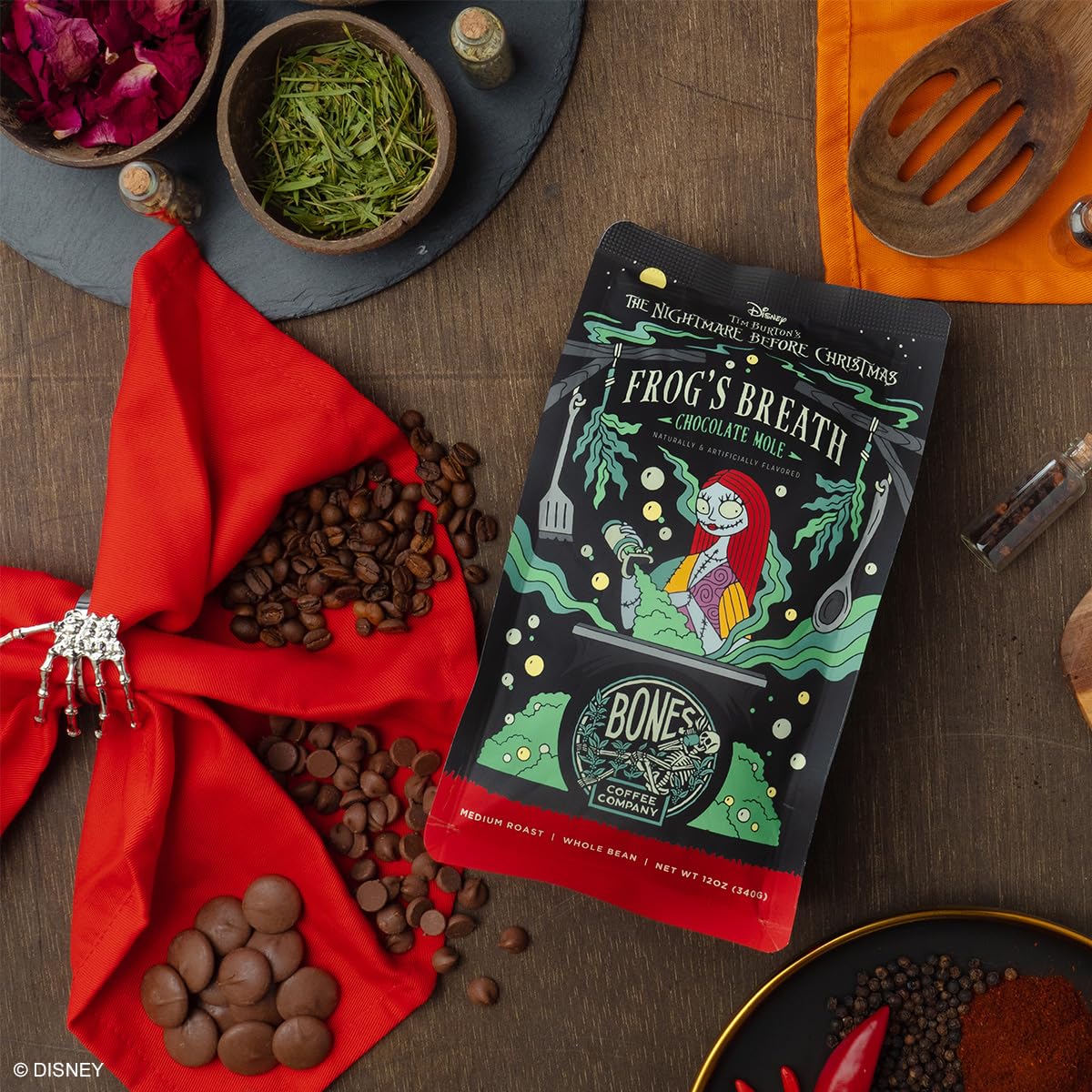 Bones Coffee Company The Nightmare Before Christmas Frog's Breath Flavored Coffee Beans, Whole Bean Coffee Medium Roast Low Acid, Chocolate Mole Flavor (12 oz)