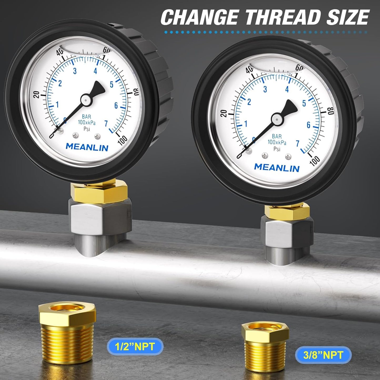 MEANLIN MEASURE 0~100Psi Stainless Steel 1/4" NPT 2.5" FACE DIAL Liquid Filled Pressure Gauge, Lower Mount (with Rubber Protective Sleeve), with 1/2" NPT and 3/8" NPT Hex Bushing