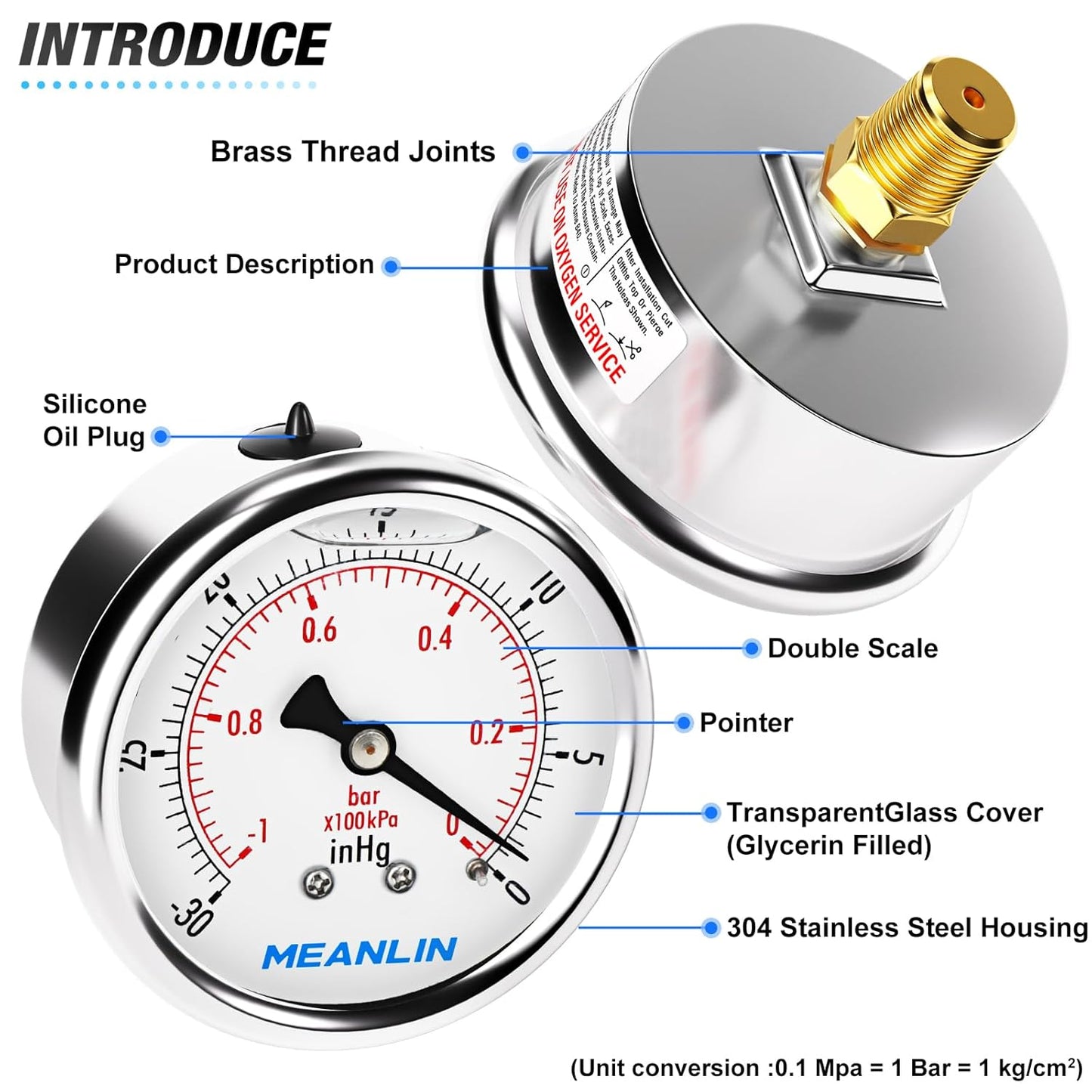 MEANLIN MEASURE -30inHG~0Psi Stainless Steel 1/4" NPT 2.5" FACE DIAL Vacuum Pressure Gauge, Center Back Mount, with 1/4" x 1/2" NPT and 1/4" x 3/8" NPT Hex Bushing