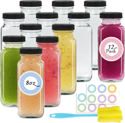 12 pack 8 oz Glass Juice Bottles with Lids, Reusable Glass Water Bottles, 250 ml Juice Containers Drinking Jars with Brush, Drink Jars for Milk, Juicing, Kombucha, Ginger