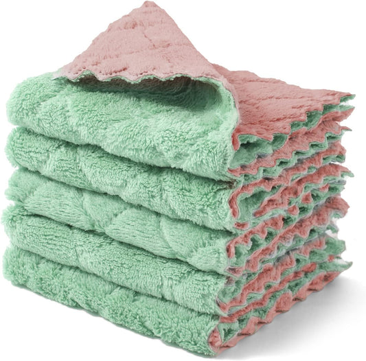 kimteny Cleaning Cloths Kitchen Towels Microfiber Washcloths Lint Free Dish Cloth Reusable Dishtowels Household Super Absorbent Fast Drying, 10"x10", Pack of 5 (Pink-Green)