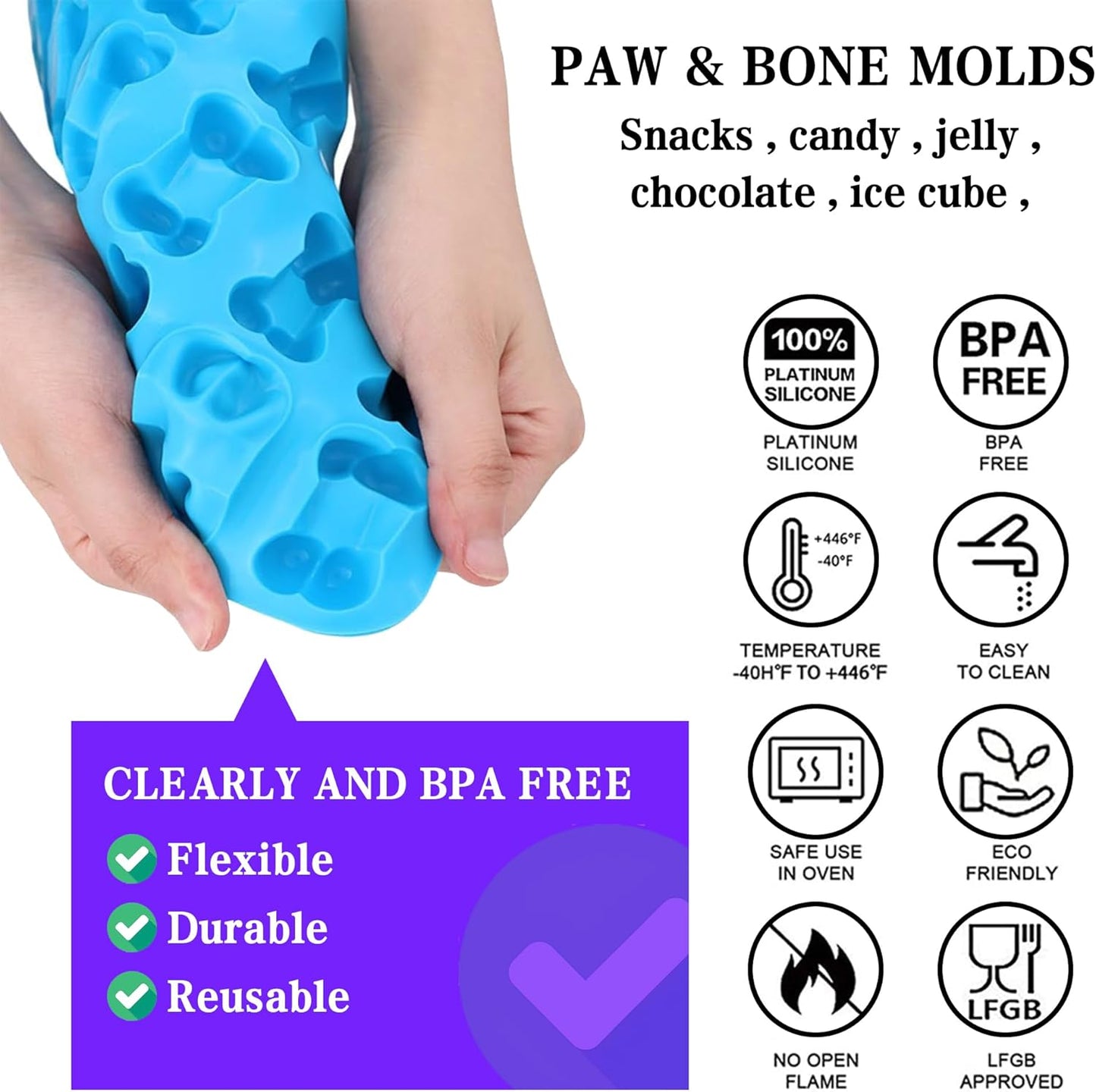 Set of 15 Non-Stick Silicone Dog Treat Molds - Paw and Bone Shapes, Ideal for Frozen Treats, Baking Jelly, Candy, Chocolate, Dog Snack Biscuits