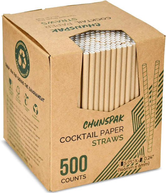 [500 Counts] Chunspak 5.75 inch Disposable Brown Kraft Short Paper Cocktail Straws & Stirring Straws - for Home, Bars and Restaurants