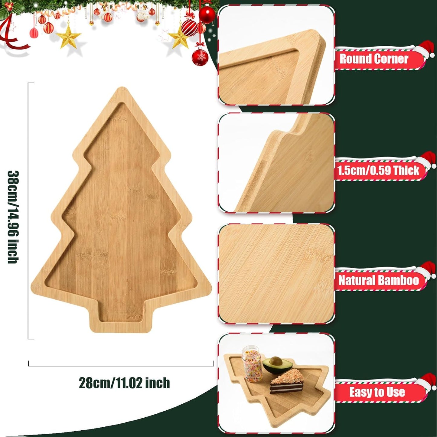 3 Pcs Christmas Wooden Appetizer Tray Christmas Tree Shaped Wooden Serving Platter Sushi Serving Tray Wood Charcuterie Board Tray Snack Dessert Candy Dish Plate for Christmas Home Kitchen,15x11x0.59