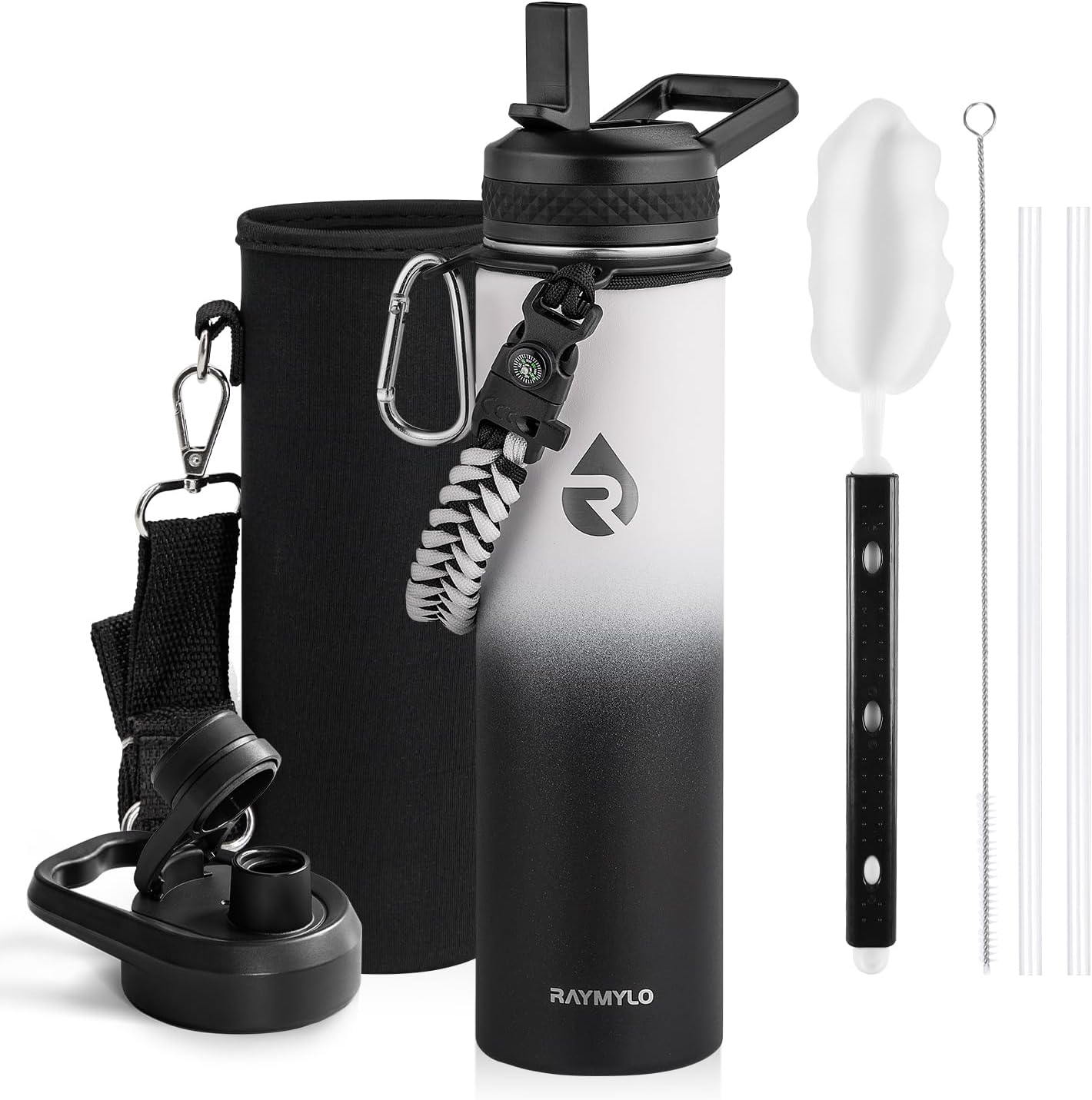 Insulated Water Bottle 24oz, Triple Wall Vacuum Stainless Steel (Cold for 48 Hrs, Hot for 24Hrs), Leak Proof & Non-BPA, 24oz Hydro Water Flask with Paracord Handle & Straw Spout Lids