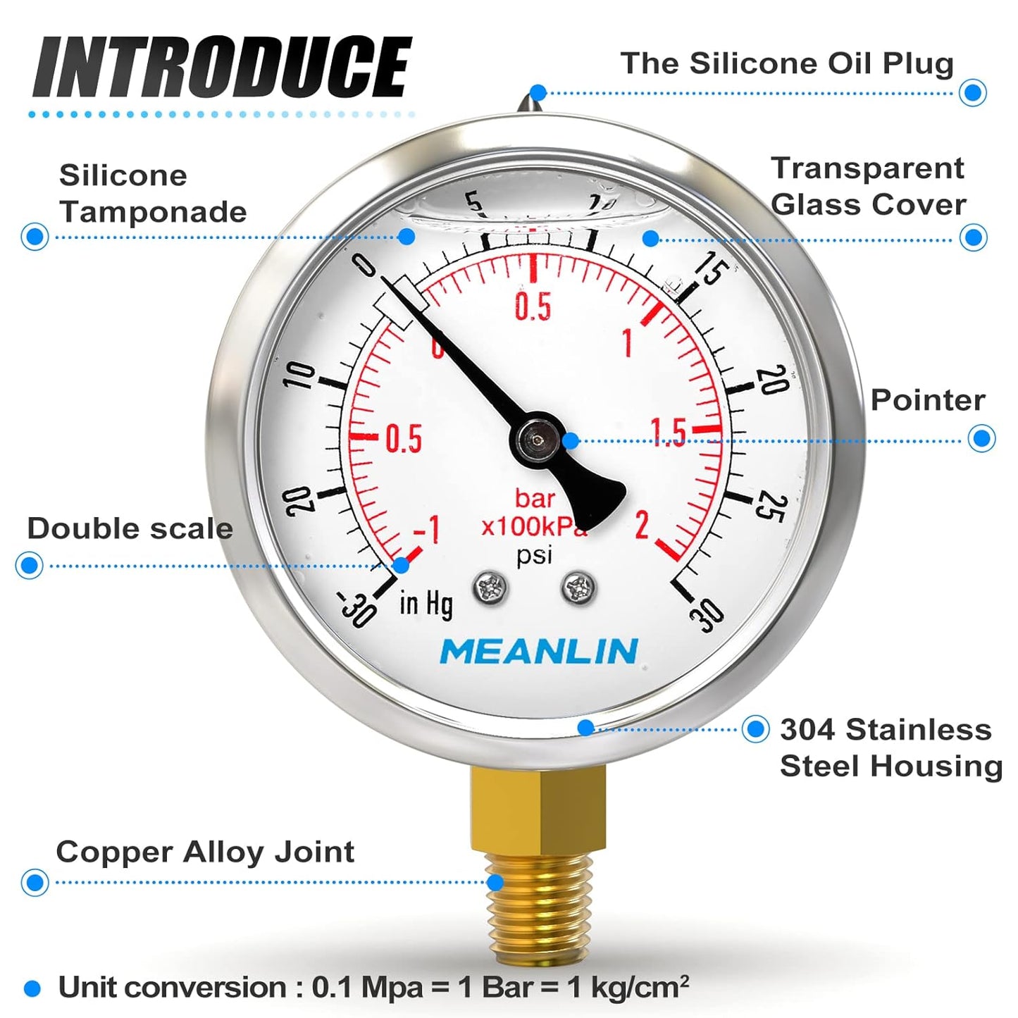 MEANLIN MEASURE -30inHG~30Psi Stainless Steel 1/8" NPT 2.5" FACE DIAL Vacuum Pressure Gauge, Lower Mount, with 1/4" NPT and 3/8" NPT Hex Bushing