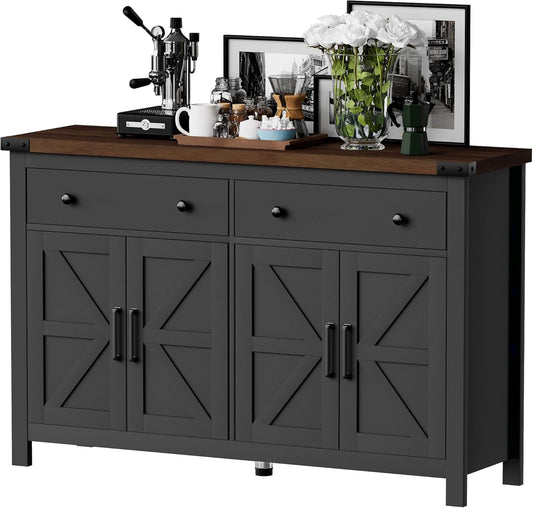 55" Sideboard Buffet Cabinet with Storage, Coffee Bar Cabinet with 2 Drawers and 4 Barn Doors, Long Storage Cabinet Modern Farmhouse, Black Wood, for Kitchen, Dining Room, Living Room