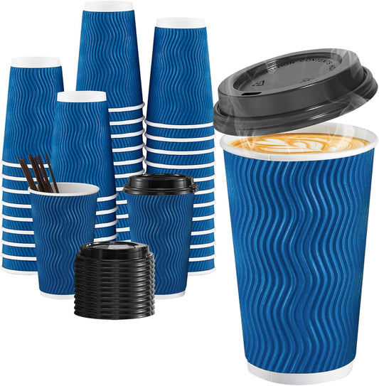 80 Pack 16 oz Disposable Coffee Cups with Lids and Straws, Insulated Ripple Wall To Go Paper Coffee Cups for Coffee, Hot Chocolate and Hot Tea Drinks - Navy