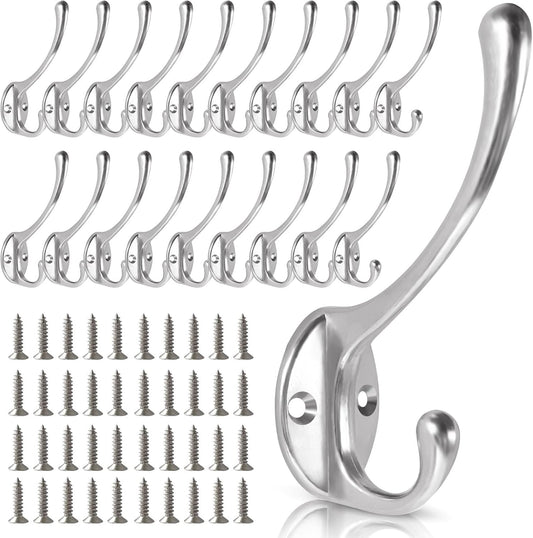 Wall Hooks for Hanging, 20-Pcs Heavy Duty Metal Coat Hooks, for Living Room, Bathroom, Kitchen, Bedroom for Coats Towel, Hat, Key, Closet, Bag (Silver)