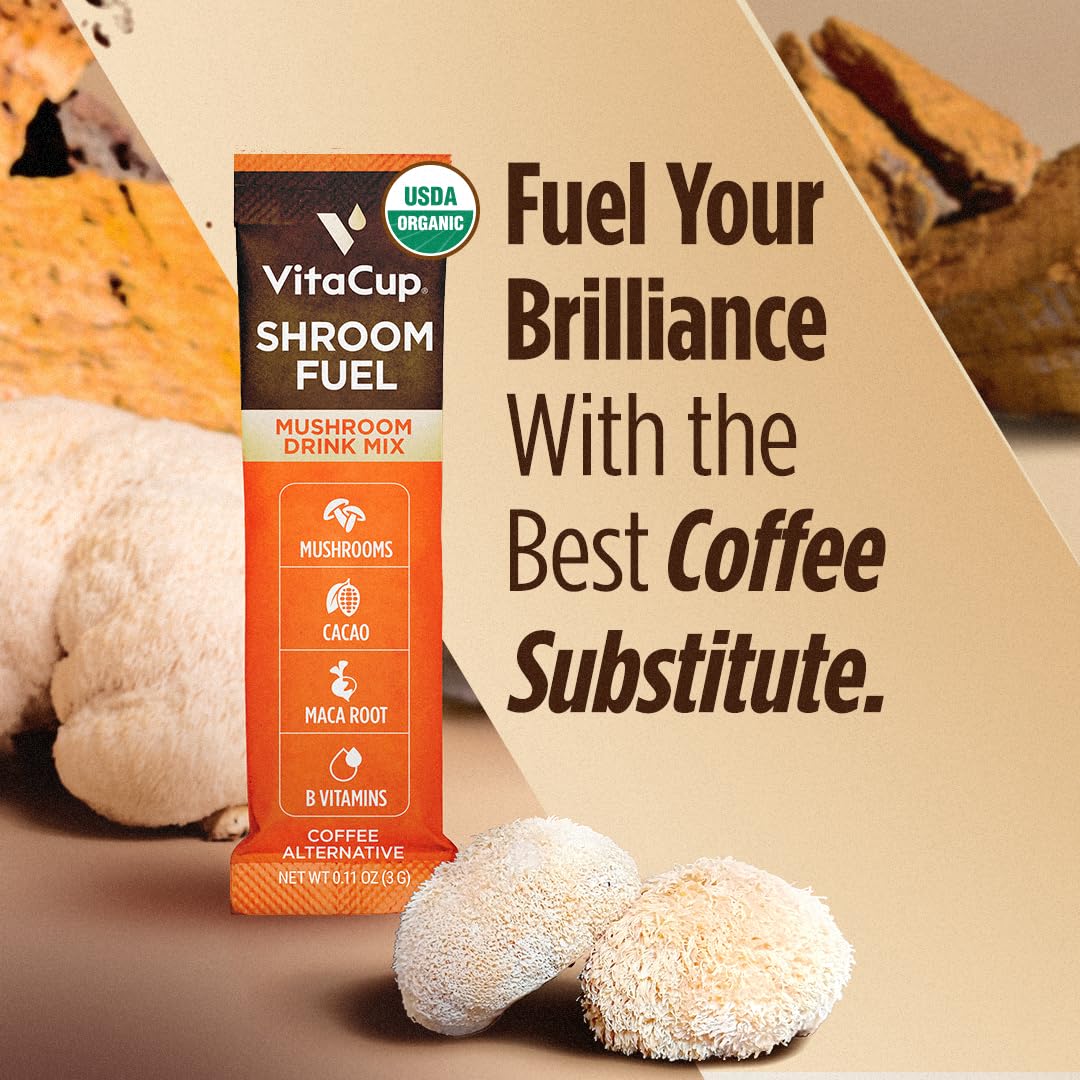 VitaCup Shroom Fuel, Mushroom Based Instant Coffee Alternative Packets, Mushroom Coffee Substitute w/Cacao, Cinnamon, Chaga, Lions Mane, & Maca for Energy, Immune Support, & Focus, 48 ct