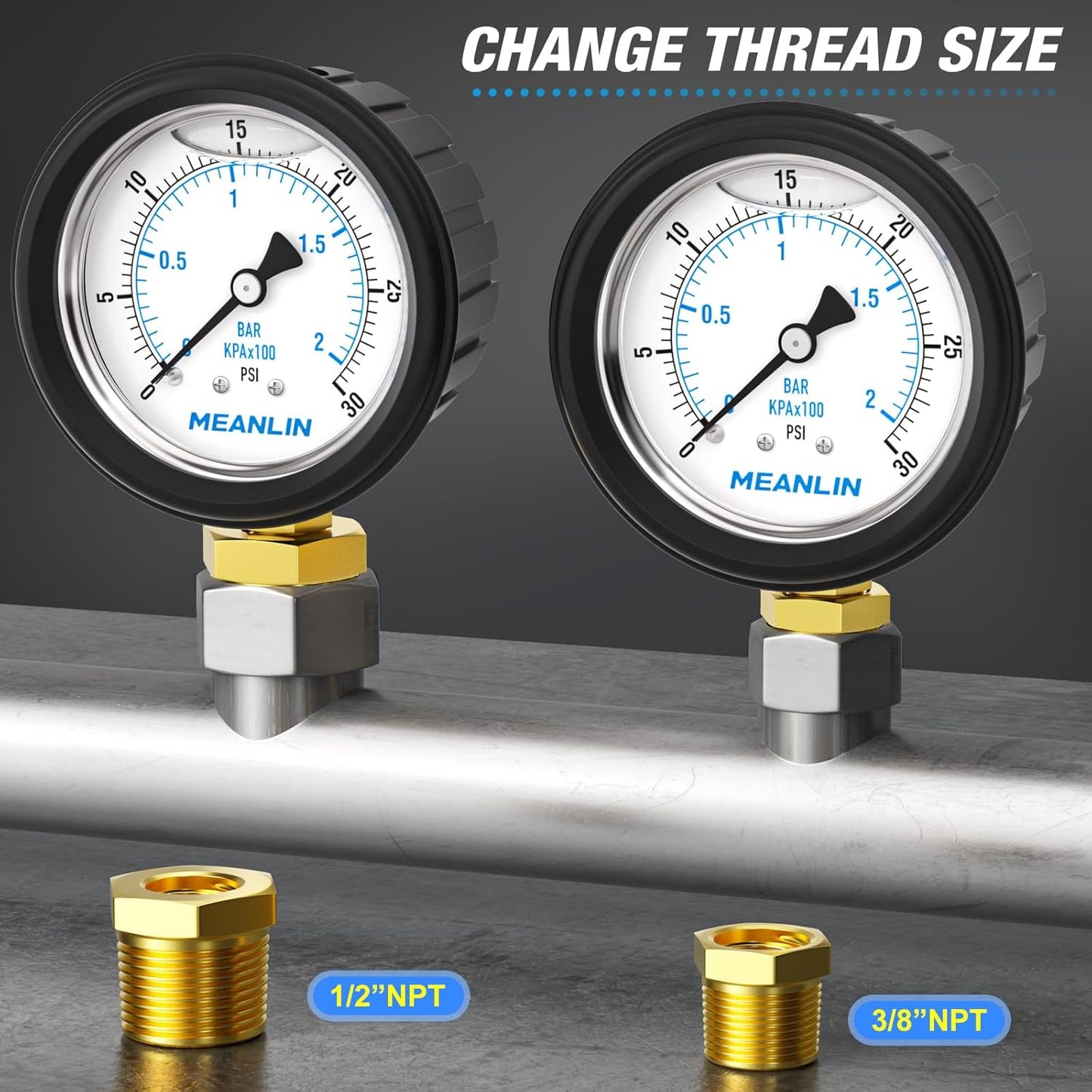 MEANLIN MEASURE 0~30Psi Stainless Steel 1/4" NPT 2.5" FACE DIAL Liquid Filled Pressure Gauge, Lower Mount (with Rubber Protective Sleeve), with 1/2" NPT and 3/8" NPT Hex Bushing