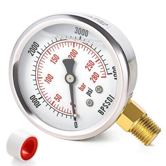 0-4000 Psi Glycerin Liquid Filled Hydraulic High Pressure Gauge, 2.5" Dial Size, 1/4" NPT Lower Mount, 304 Stainless Steel Case, for Water Oil Air Gas Pressure Test