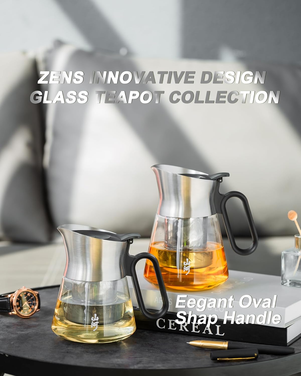 ZENS 17 oz Small Glass Teapot with Infuser, Design Loose Leaf Teapot with Stainless Steel Spout for Hot Tea Steeper, Oval Handle Clear Tea Pot Infusers Loose Tea Maker for Lovers Gifts