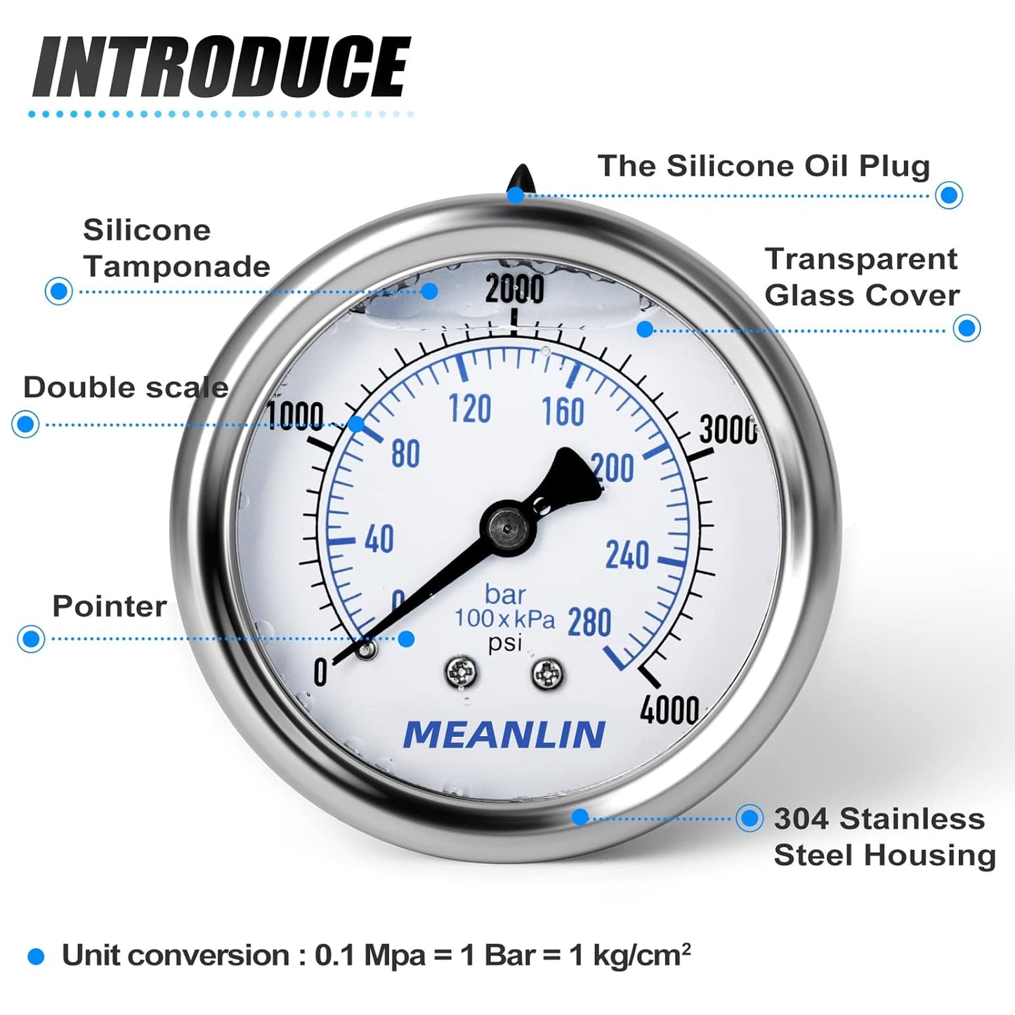 MEANLIN MEASURE 0~4000Psi Stainless Steel 1/4" NPT 2.5" FACE DIAL Liquid Filled Pressure Gauge WOG Water Oil Air Center Back Mount, with 1/4" x 1/2" NPT and 1/4" x 3/8" NPT Hex Bushing