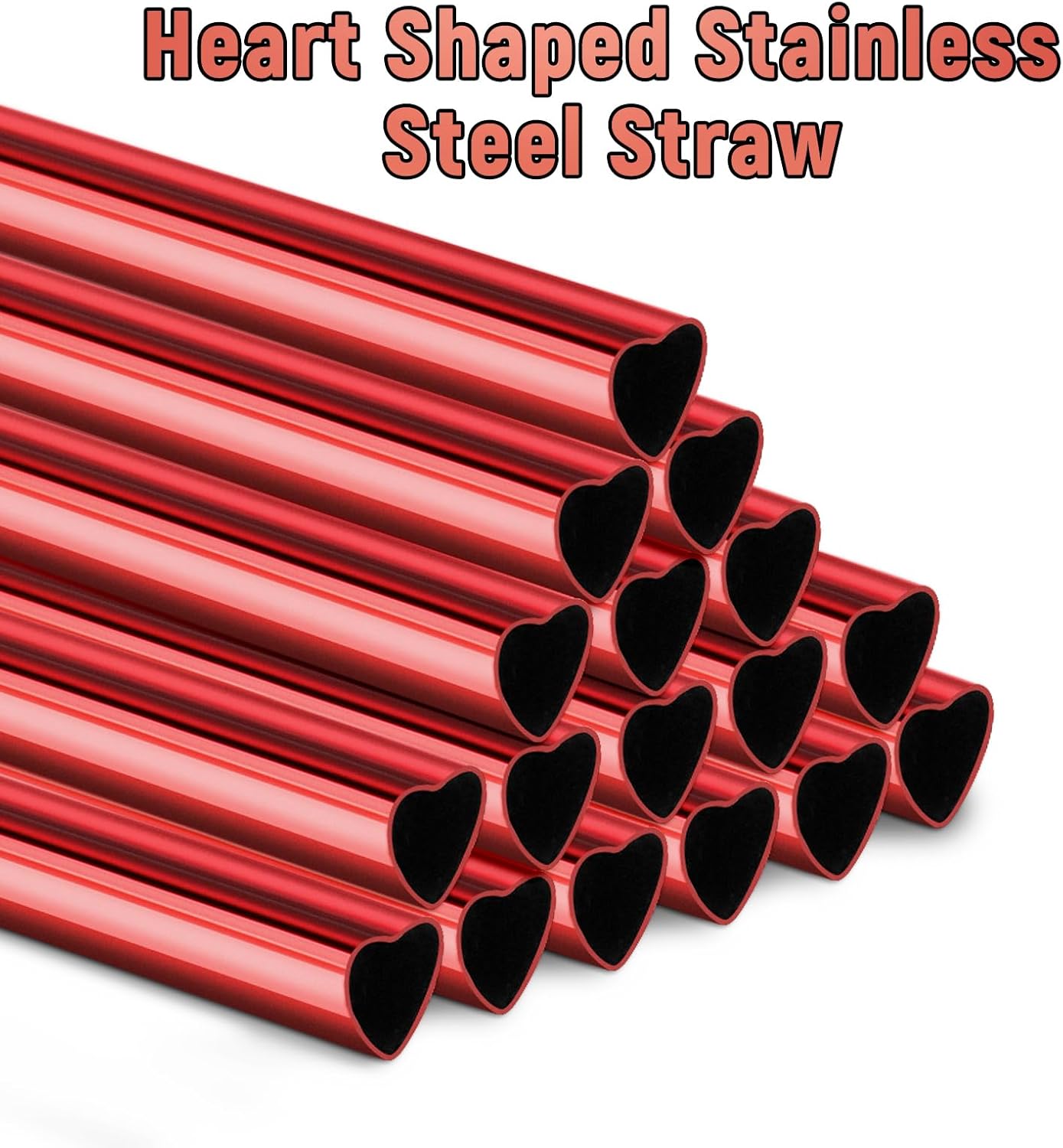 NiHome 16-Pack Heart-Shaped Stainless Steel Drinking Straws with 2 Cleaning Brushes, 8.5" Long Reusable Straws for Stanley Tumbler 14oz, Dishwasher Safe, Safe Edges for Kids (Pearl Red)