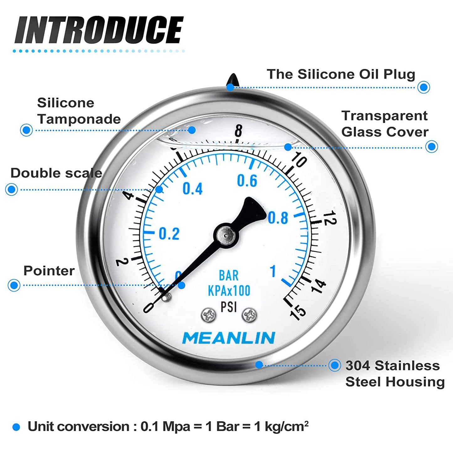 MEANLIN MEASURE 0~15Psi Stainless Steel 1/4" NPT 2.5" FACE DIAL Liquid Filled Pressure Gauge WOG Water Oil Air Center Back Mount, with 1/4" x 1/2" NPT and 1/4" x 3/8" NPT Hex Bushing