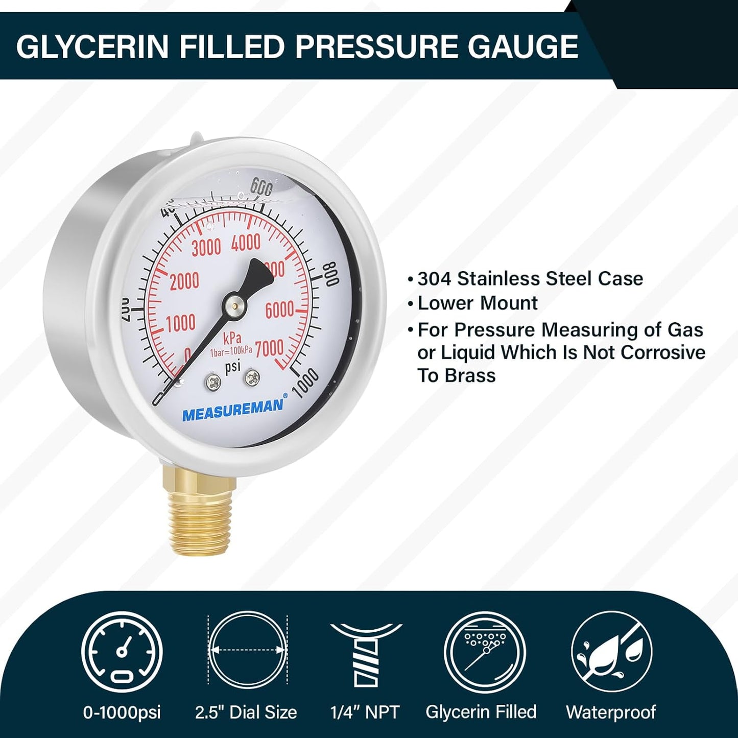 MEASUREMAN 2-1/2inch Dial Size, Liquid Filled Pressure Gauge, 0-1000psi/7000kpa, 304 Stainless Steel Case, 1/4inchNPT Lower Mount
