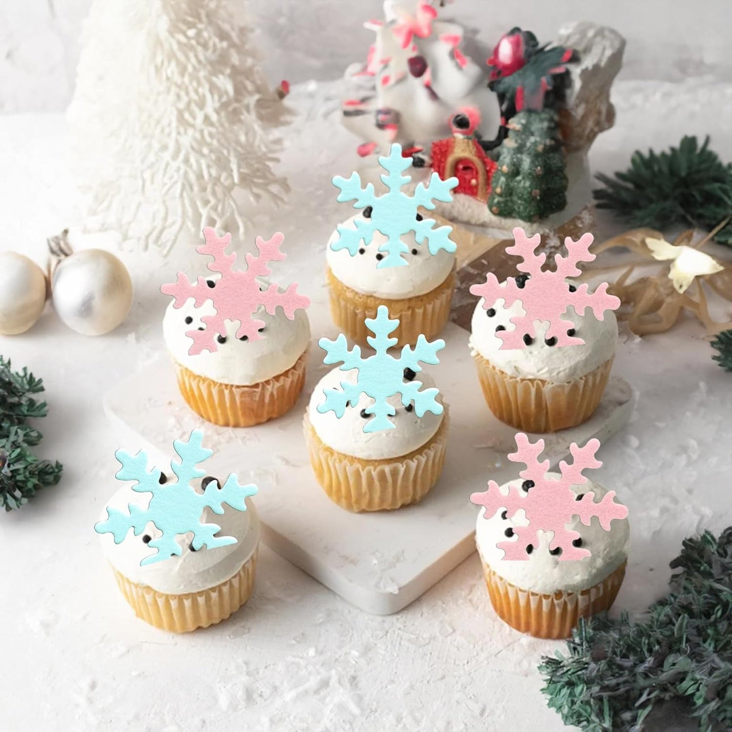 Gyufise 50Pcs Pink Edible Cupcake Cake Toppers Snowflake Cake Decorations for Christmas Winter Frozen Theme Party Supply Decoration Blue Pink
