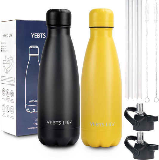 Insulated Water Bottle, 2 Pack-12oz Stainless Steel Water Bottles with straw lid, Metal Sports Water Bottles for Boys,Girls, Double Wall Vacuum BPA-Free Flask for School, Sports (Black-yellow)