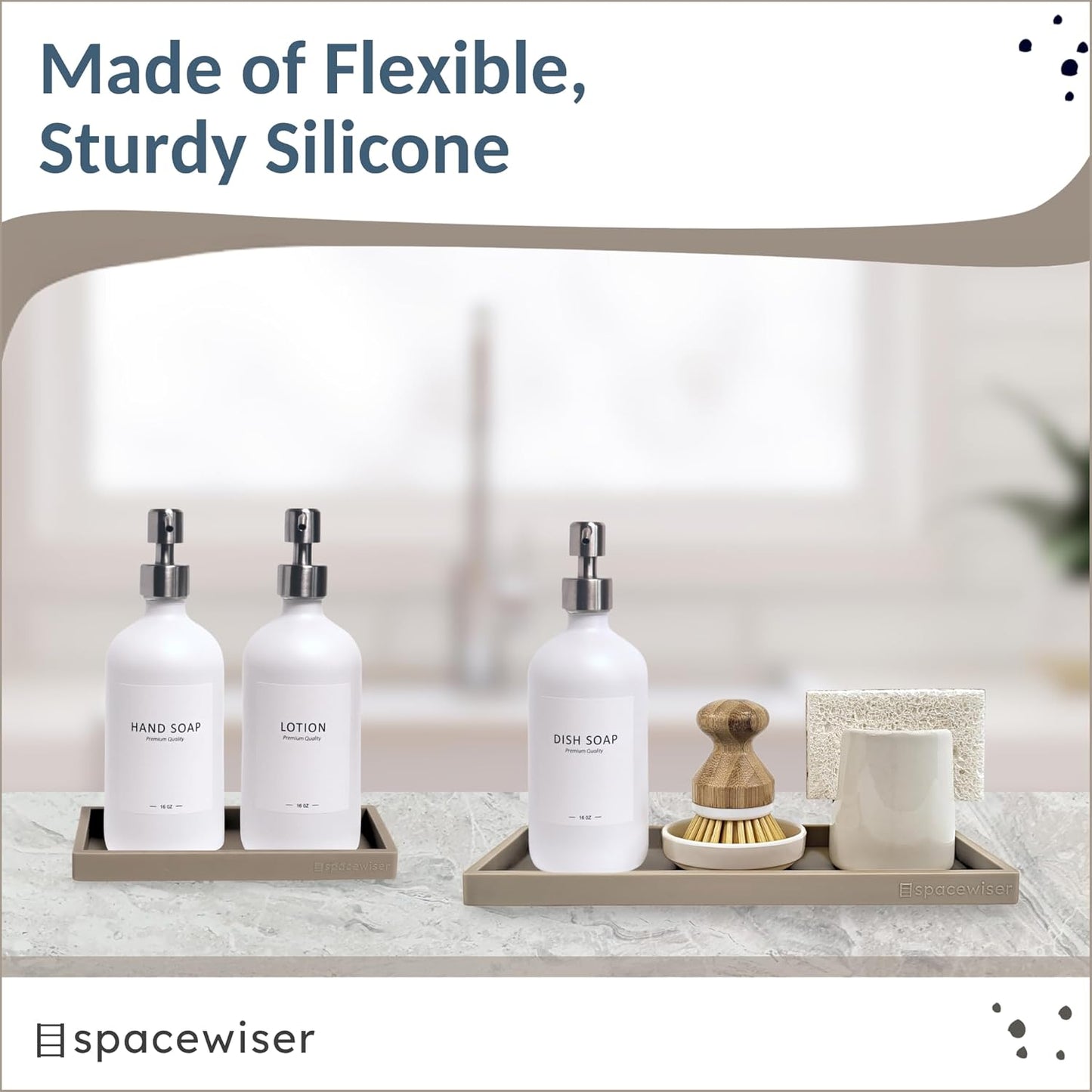 Countertop and Vanity Tray - 2 PC (11” and 7”) Shatterproof Silicone Kitchen and Bathroom Trays for Counter, Kitchen Soap Dispenser Tray, Vanity Trays for Bathroom, Perfume Key Tray