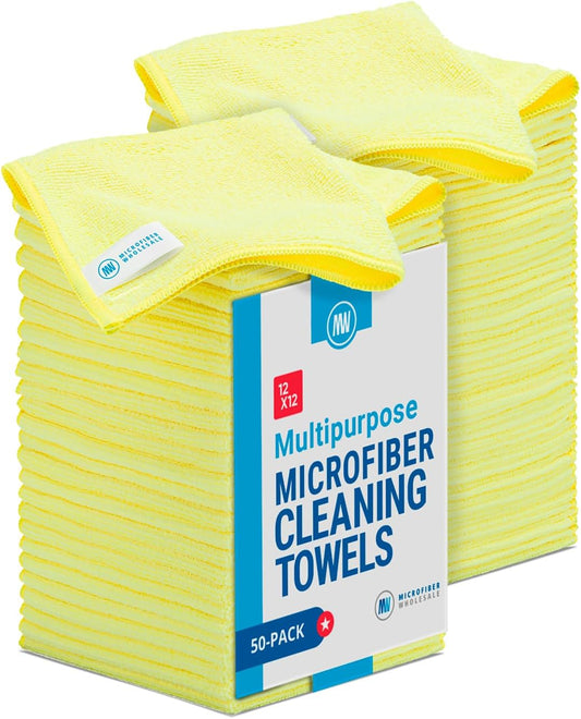 12" x 12" Microfiber Cleaning Cloths (50 Pack) - Reusable Towels, Wash Rags, Dust Cloth, All-Purpose: Kitchen, Dish, Cars, Shop, Glass (Yellow)