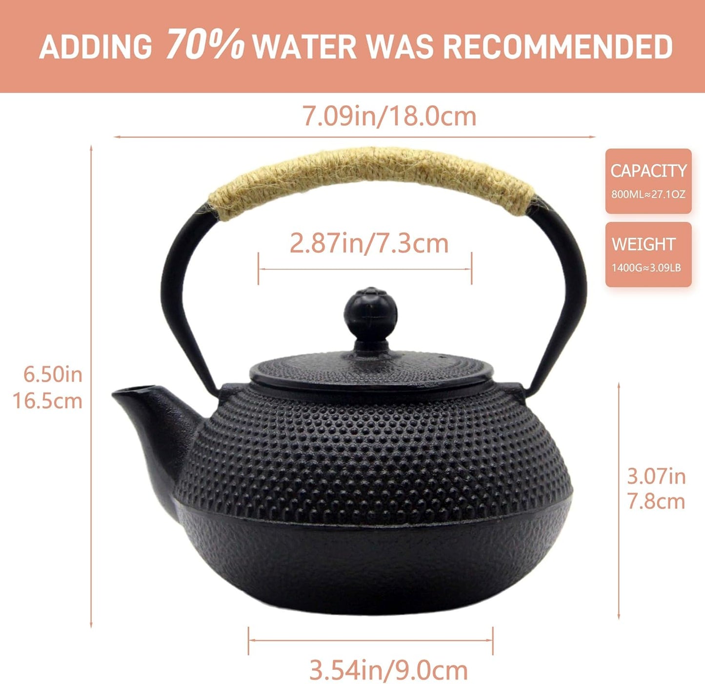 Japanese Tetsubin Cast Iron Teapot Tea Kettle pot with Stainless Steel Infuser for Stovetop Safe Coated with Enameled Interior (Black, 27.1oz)