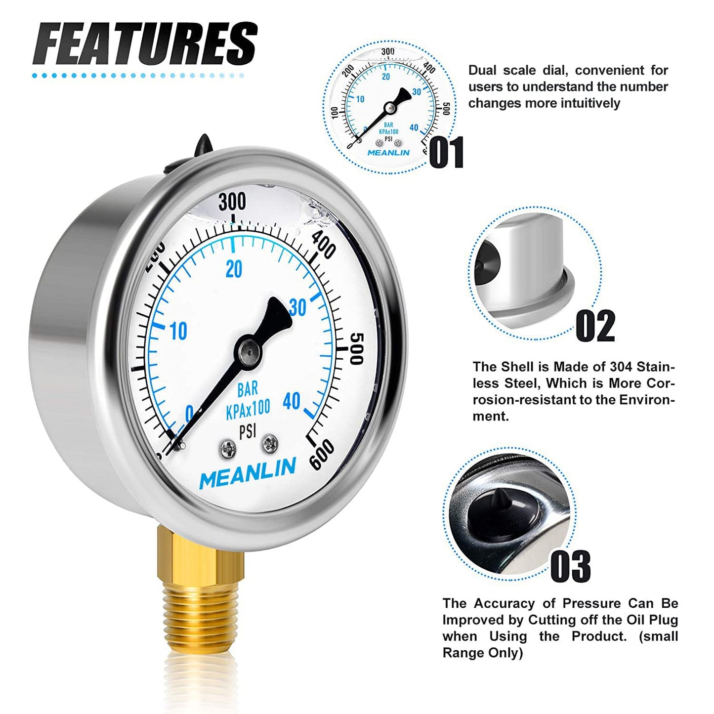 MEANLIN MEASURE 0~600Psi Stainless Steel 1/4" NPT 2.5" FACE DIAL Liquid Filled Pressure Gauge WOG Water Oil Air Lower Mount, with 1/4" x 1/2" NPT and 1/4" x 3/8" NPT Hex Bushing