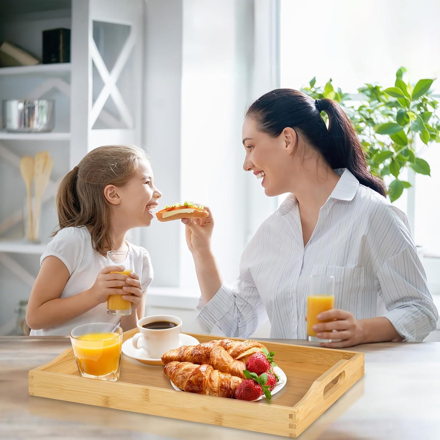 Bamboo Food Serving Tray with Handles, Breakfast Bed Tray for Tea,Snack,Dinner, Home Decorative Storage Food, Platter, Ottoman for Kitchen Counter, Bathroom, Restaurant (Beige)