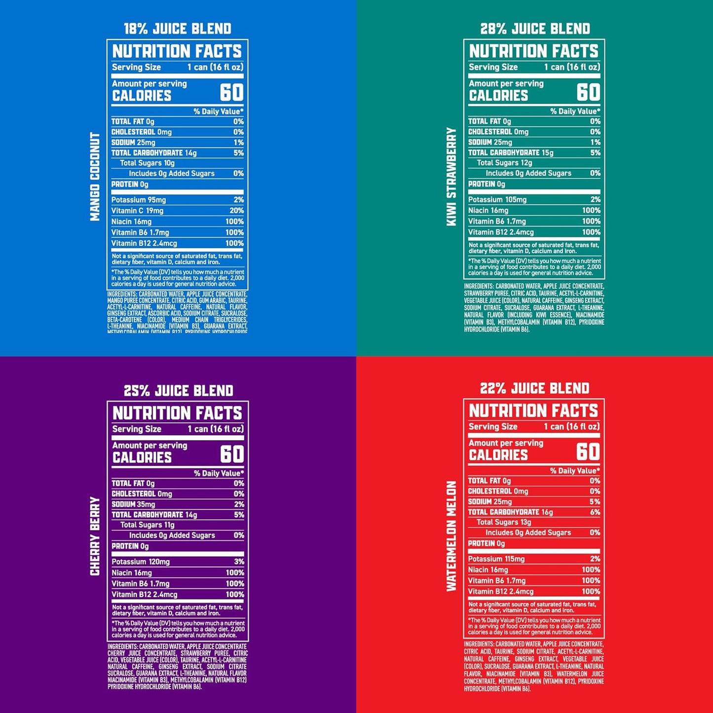 Gorilla Energy Drink, Variety Pack, 200mg Natural Caffeine, Real Fruit Juice Squeezed & Concentrated, L-Theanine, Taurine, Ginseng, Acetyl L-Carnitine, No Added Sugar and No Artificial Colors, 12 Pack