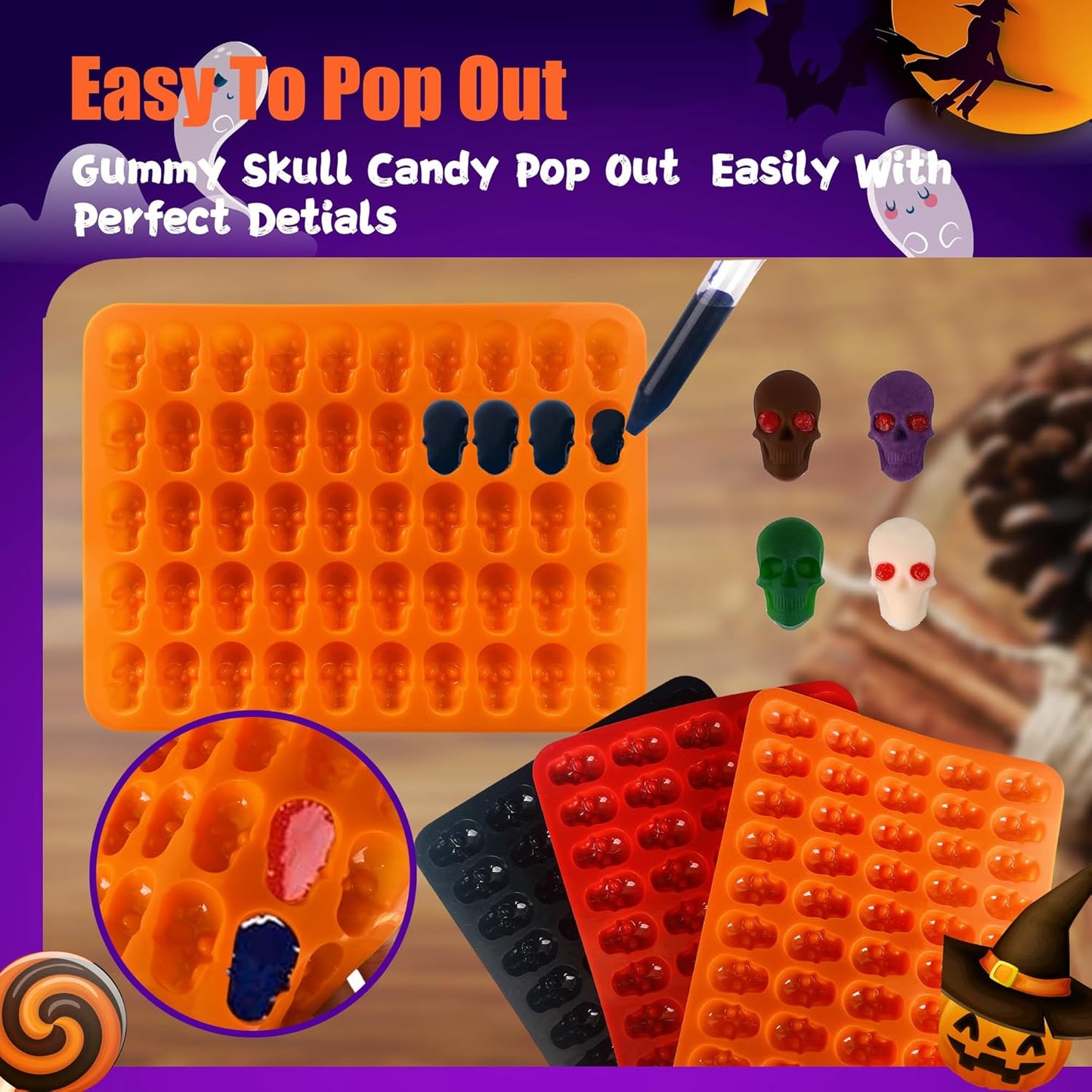 3 Pack Halloween Gummy Skull Candy Molds Silicone,Halloween Mini Skull Mold with 2 Droppers for Chocolate, Candy,Ice Cube - Orange，Red，Black