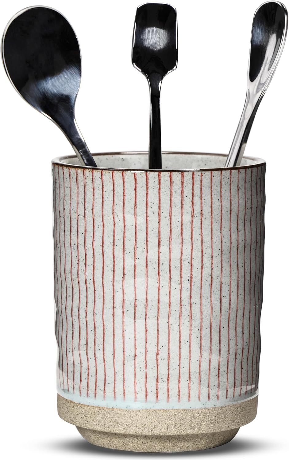 Ceramic Spoon Holder for Coffee Bar, Upright Tea Spoon Holder Cup, Coffee Stirrers Straws Stir Stick Holder, Red Strips