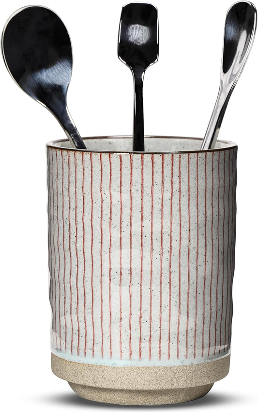 Ceramic Spoon Holder for Coffee Bar, Upright Tea Spoon Holder Cup, Coffee Stirrers Straws Stir Stick Holder, Red Strips