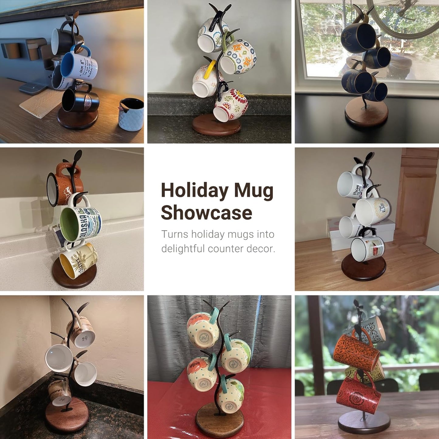 Sturdy Countertop Mug Tree with Solid Wood Base, Delicate Cast Iron Coffee Mugs Holder, Countertop Coffee Cup Holder for Large Cups, Minimalist Mug & Tea Cup Storage Rack (Set of 1)