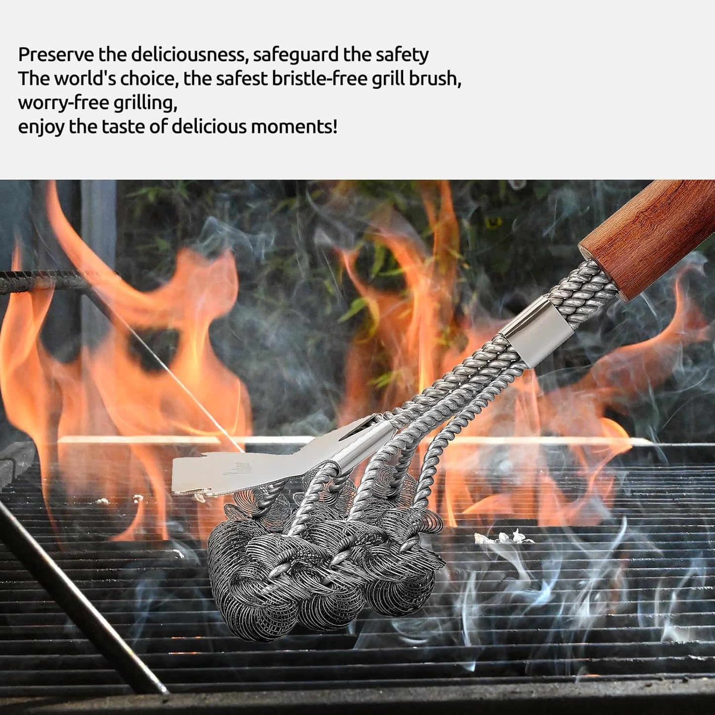 KULUNER BBQ Cleaning Brush - Bristle-Free, Suitable for All Types of barbecues, Wooden Handle, Multifunctional Brush and Scraper, Barbecue Accessory, Men's