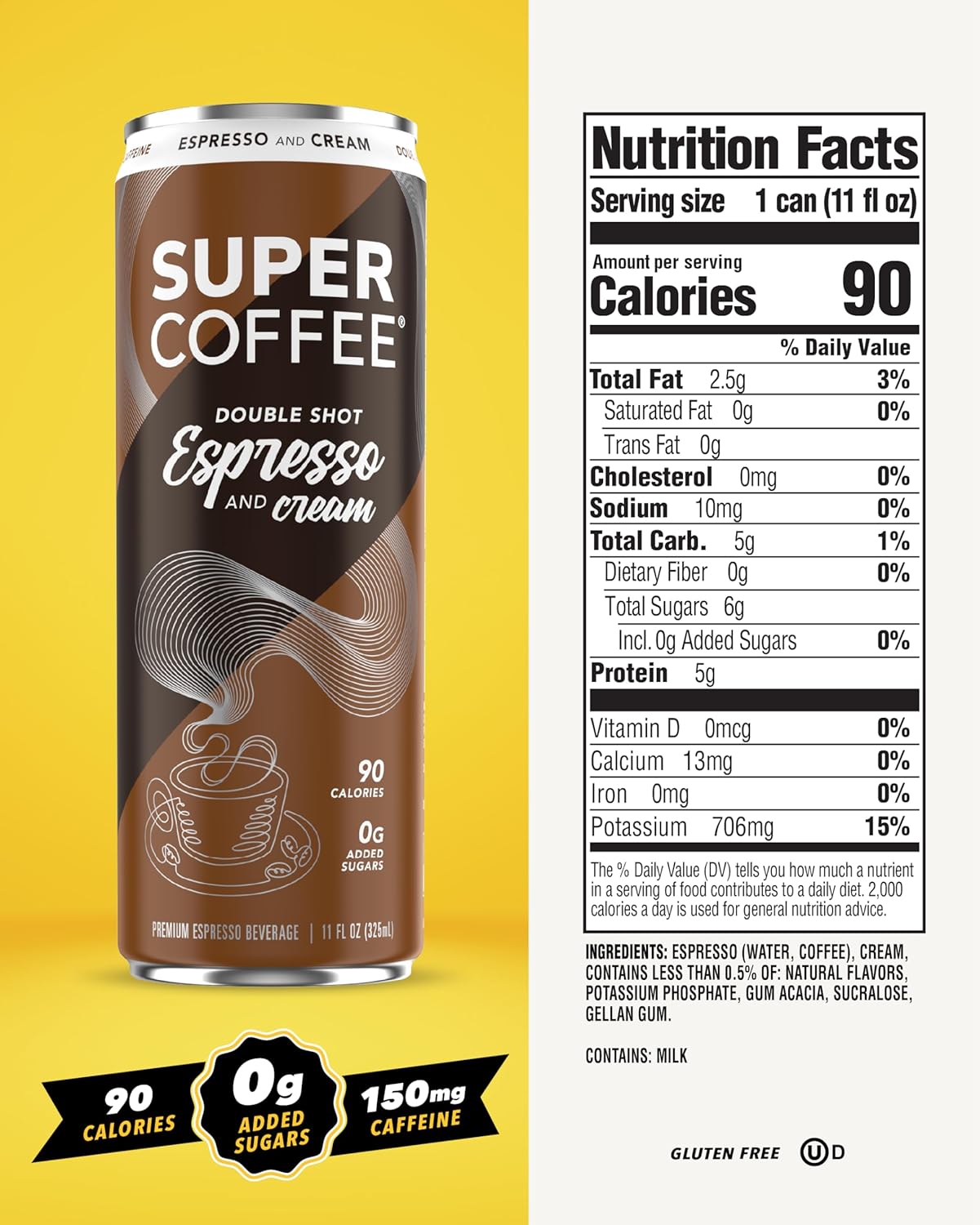 SUPER COFFEE Espresso, Iced Keto Coffee (0g Added Sugar, 90 Calories) [Espresso & Cream] 11 Fl Oz, 12 Pack | Iced Smart Coffee - SoyFree GlutenFree