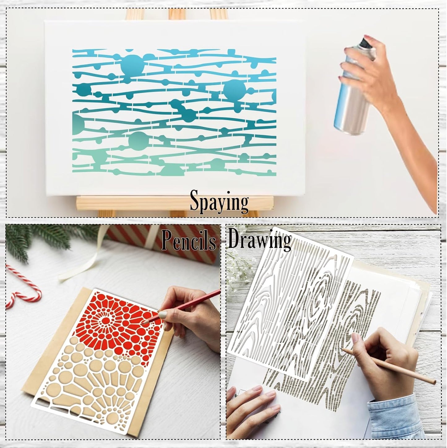 8 Pieces Stencils for Crafts Reusable Texture Spider Stencils Net Wood Grain Stone Spray Paint Layering Stencil Templates for DIY Scrapbook