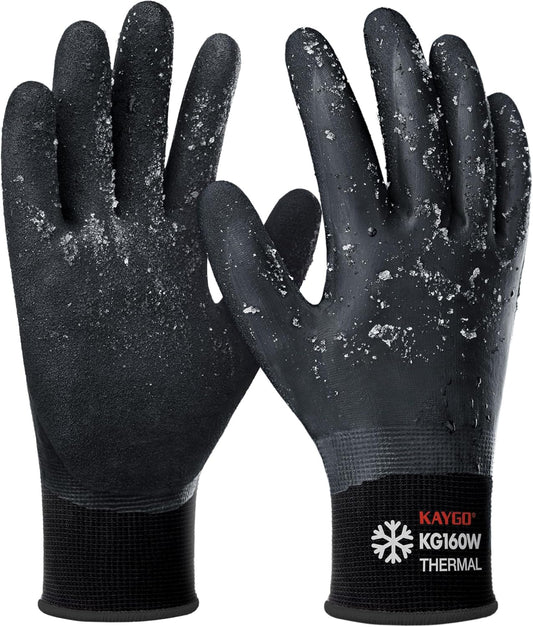 KAYGO Winter Waterproof Work Gloves for Men and Women, 3 Pairs Thermal Insulated Freezer Rubber Coated Gloves,Super Grip,KG160, S, Black,