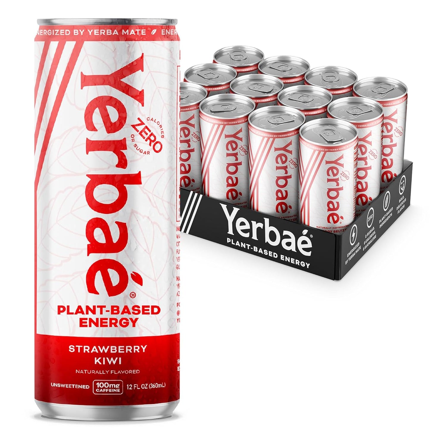 Yerbaé Energy Seltzer - Strawberry Kiwi, No Sugar/Calories/Carbs. Energized by Yerba Mate, Naturally Caffeinated Plant-Based, Healthy Alternative to Coffee/Sugary Sodas, Pack of 12, 12oz cans