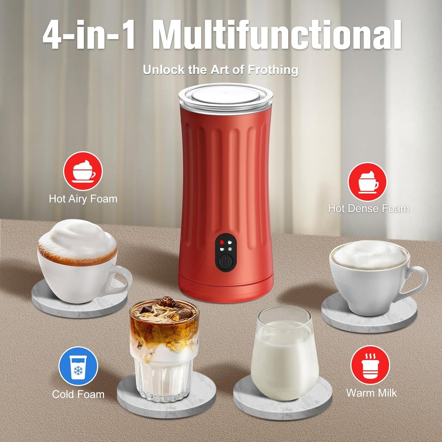 Electric Milk Frother, 4-in-1 Milk Steamer and Frother, 8.1oz/240ml Automatic Warm and Cold Foam Maker, Auto Shut-Off Frother for Coffee, Latte, Cappuccino, Macchiato(Rose)