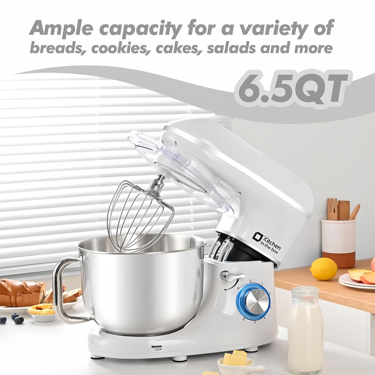 Kitchen in the box Stand Mixer, 6.5QT 660W Kitchen Electric Mixer, 6-Speed Tilt-Head Food Mixer with Dough Hook, Wire Whip, Beater, Dishwasher Safe (White)