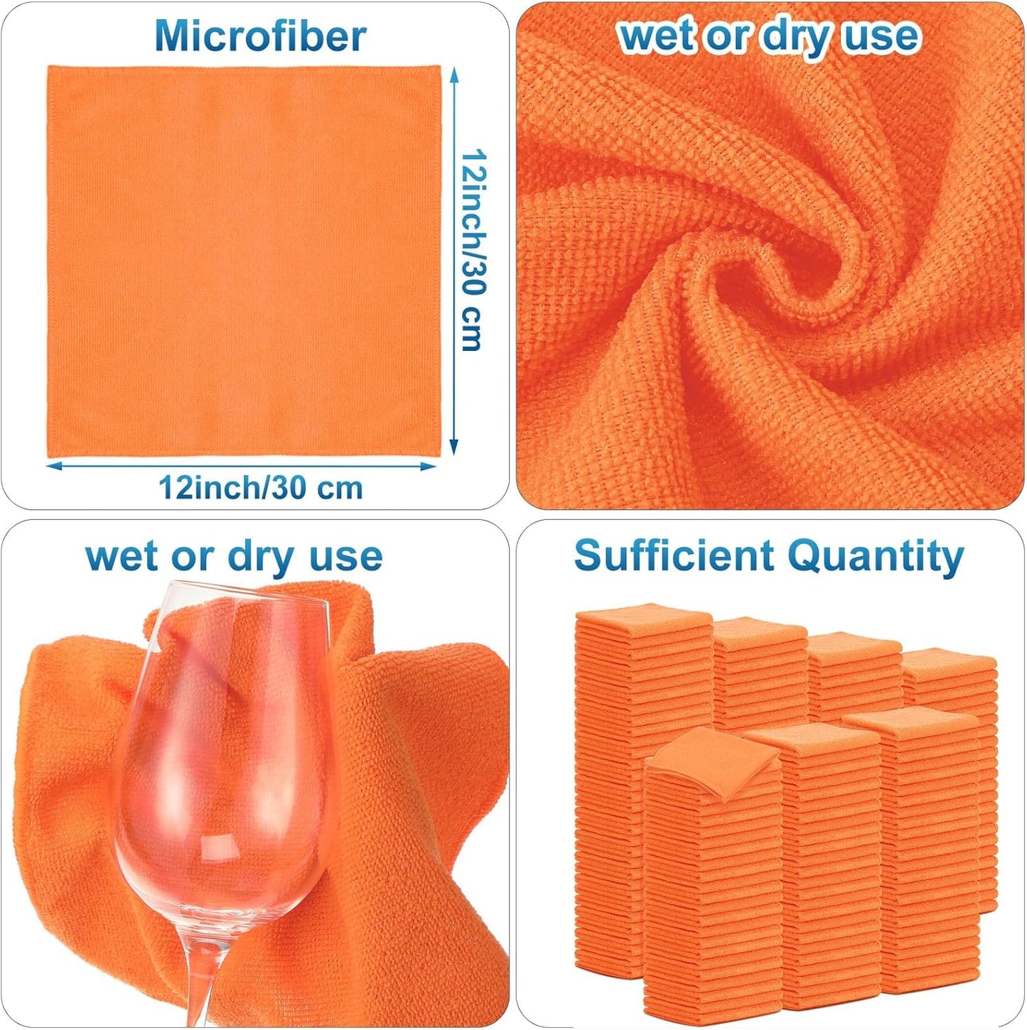 Tenare 100 Pack 12'' x 12'' Microfiber Cleaning Cloths Reusable Cleaning Rags Bulk Microfiber Towels Softer Highly Absorbent Washcloths for House Kitchen Car Window(Orange)