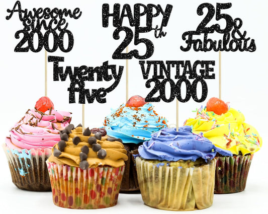 Gyufise 30Pcs Vintage 2000 Cupcake Toppers Glitter 25th Birthday Cake Decorations - Black