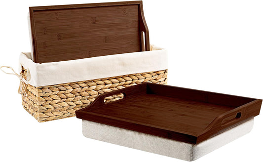 ROSSIE HOME Bamboo Wood Bed Tray, Lap Desk - Set of Two - with Hyacinth Storage Basket - Java - Fits up to 15.6 Inch Laptops - Style No. 70102