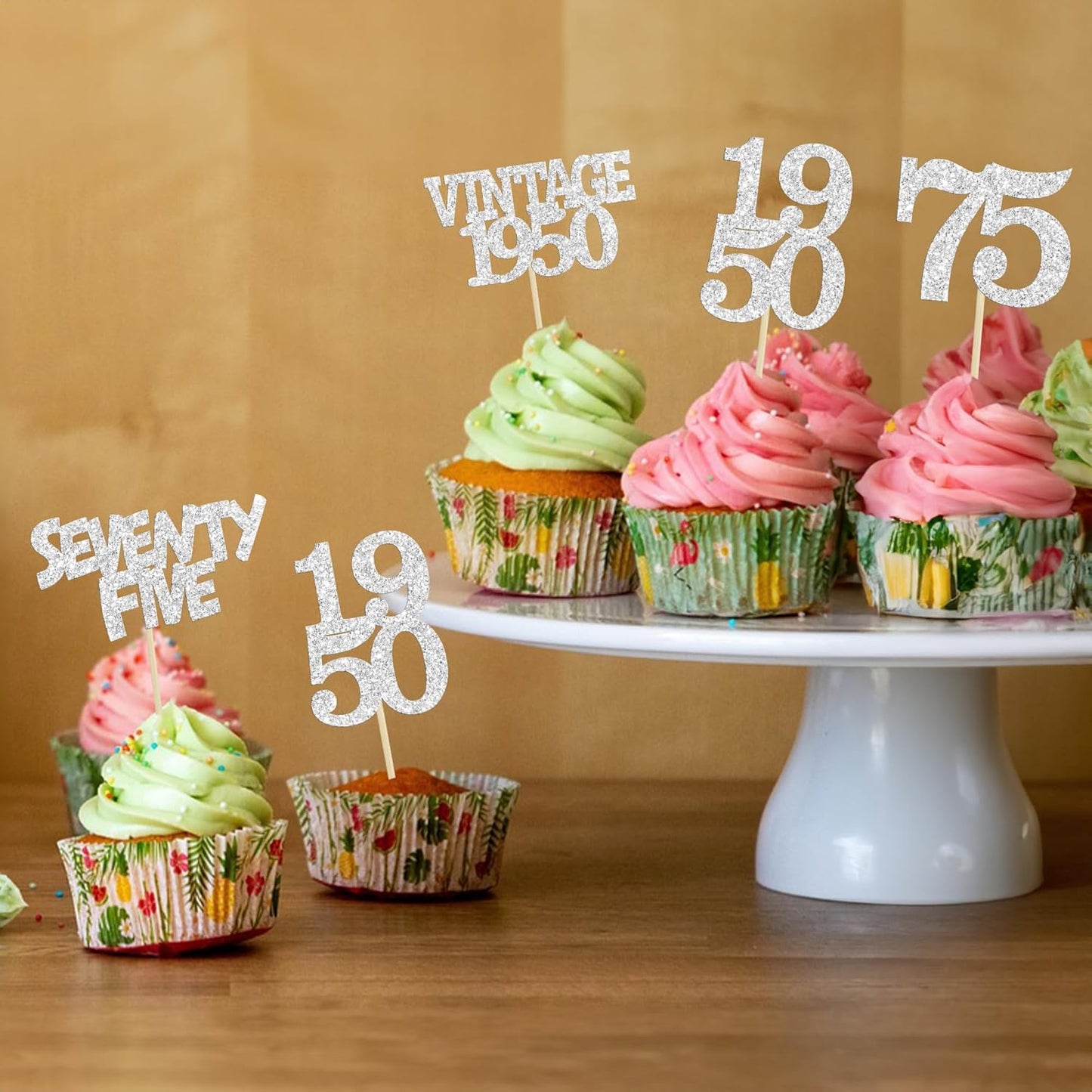 Gyufise 24Pcs 75th Birthday Cupcake Toppers Glitter Cheers to 75 Fabulous Seventy Five Vintage 1950 Cupcake Picks 75th Birthday Wedding Anniversary Party Cake Decorations Supplies Silver