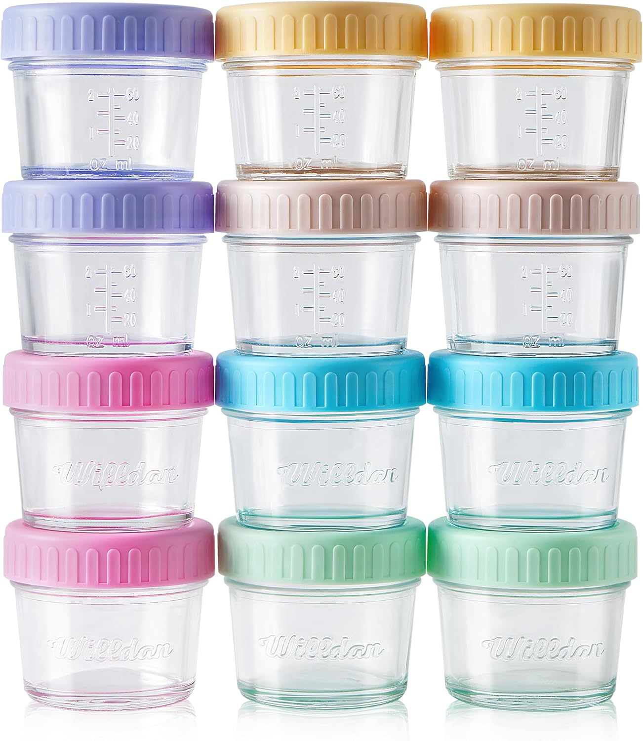 WILLDAN Glass Baby Food Storage Jars w/Lids (4 oz, 12 Pack Set) Snack, Puree, Reusable Small Containers, Breast Milk, Fridge or Freezer, Microwave & Dishwasher Safe, Essential Must Have for Infants