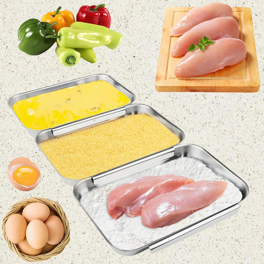 3-Piece Stainless Steel Breading Set – Interlocking Coating Trays for Chicken, Fish, Meat | Non-Slip, Dishwasher Safe, Oven Safe | Stackable Space-Saving Design for Flour, Egg, Breadcrumbs
