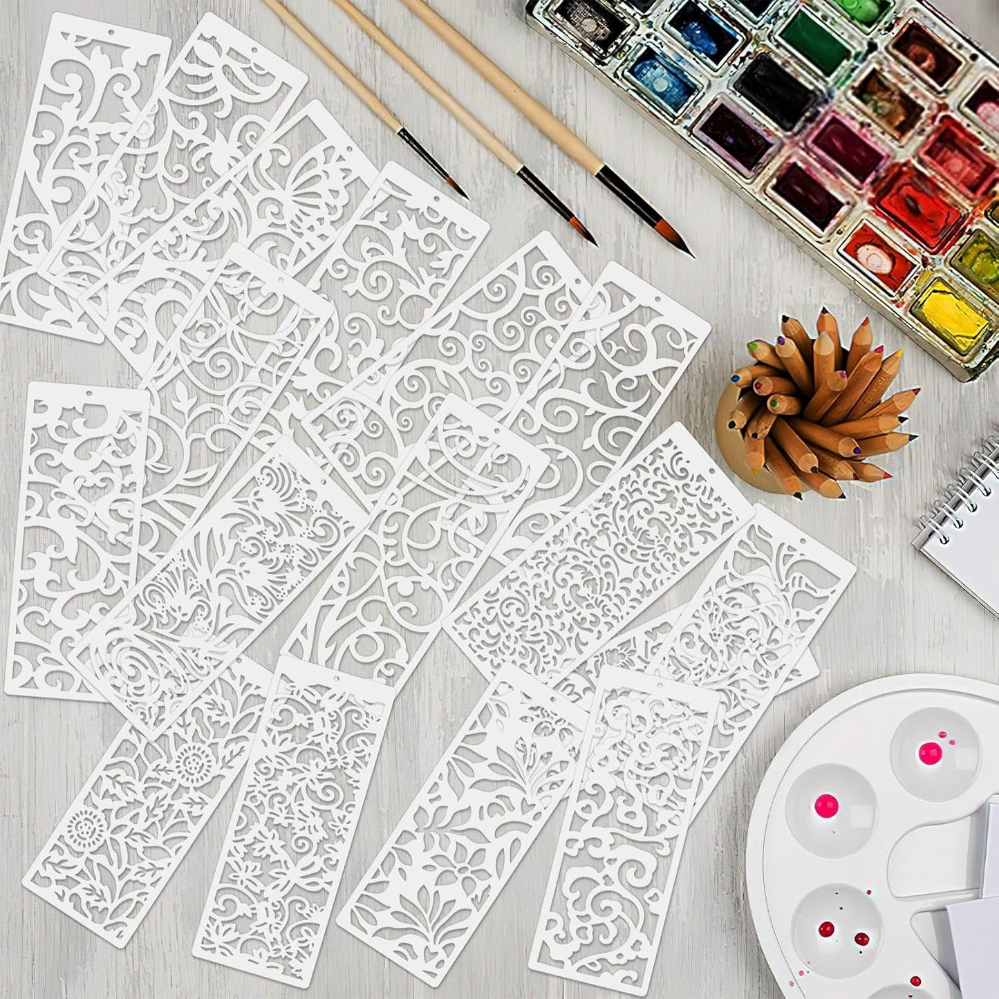 18 Pcs Large Flower Border Stencils for Painting, Reusable Plastic Leaf Cake Decorating Stencils for Baking, Hollowed Floral Edge Painting Templates for DIY Wood Wall Tile Furniture Canvas, 4" x 11.8"