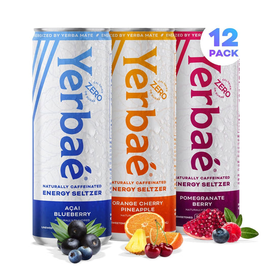 Yerbaé Energy Seltzer - Variety Performance Pack. No Sugar/Calories/Carbs. Energized by Yerba Mate Naturally Caffeinated Plant-Based, Healthy Alternative to Coffee/Sugary Sodas, Pack of 12, 12oz cans