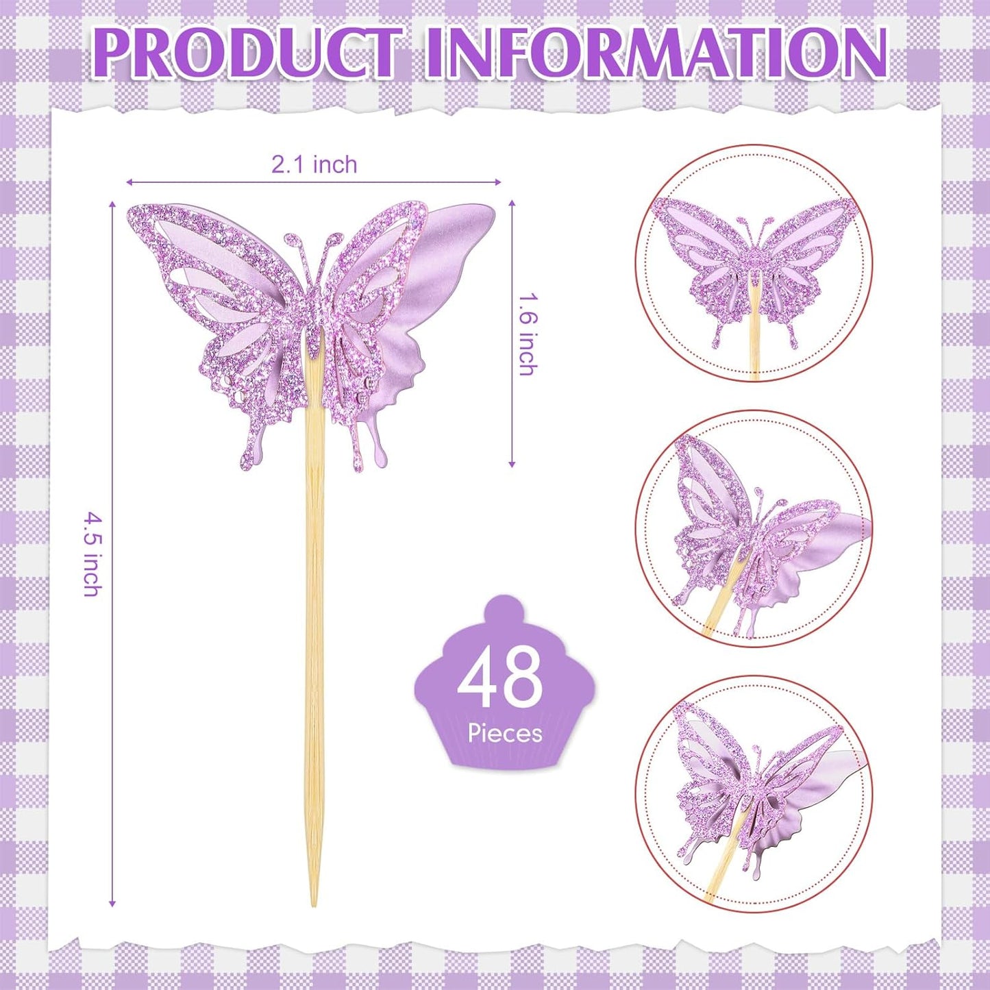 Chinco 48 Pcs Butterfly Cupcake Toppers Assembled Double Layer Cupcake Topper 3D Glitter Cake Topper Butterfly Cocktail Pick Decoration for Baby Shower Birthday Wedding(Purple,Retro Style)