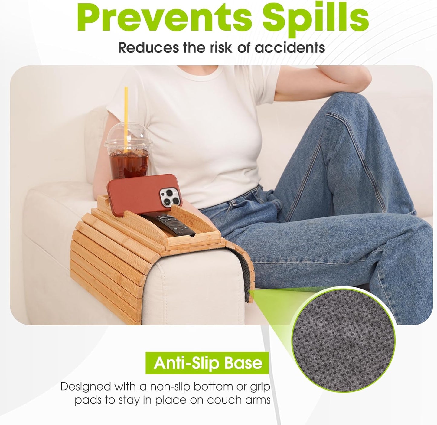 Foldable Couch Cup Holder with 2 Cork Coasters – Detachable Bamboo Sofa Tray, Anti-Slip Sofa Armrest Caddy for Drinks, Snacks, Laptops, & Bathtub – Perfect Home & Gift Accessory